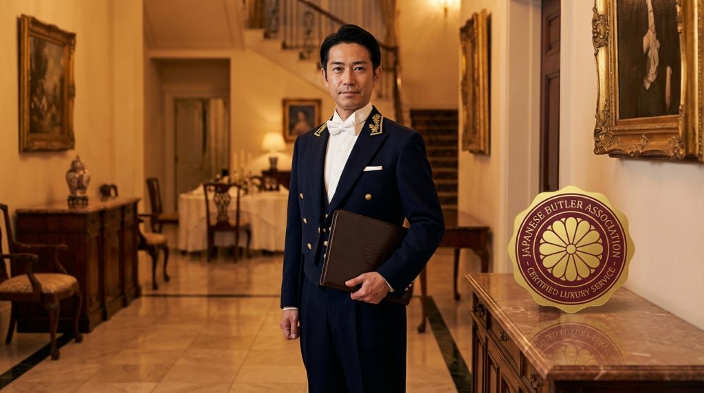 一般社団法人日本執事協会による富裕層顧客向け商品サービス提供企業認定制度を表すプロフェッショナルな執事のイメージ
